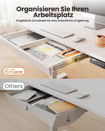 Стіл ErGear з регульованою висотою 120 x 60 см, Електричний стіл з регулюванням висоти з шухлядою та 4 смарт-панелями з функцією пам&39яті, Т-подібна конструкція ніжок для стійкості, Багатосекційна стільниця 120 x 60 см, білий колір шухляда