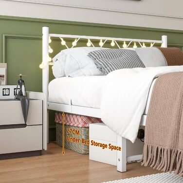 Каркас ліжка HOJINLINERO 120x200 з підсвічуванням, Ліжко 120x200 з рейковою основою, Металевий каркас ліжка, Металеве двоспальне ліжко, Гостьове ліжко, Дитяче ліжко з місцем для зберігання під ліжком для спальні, Біле