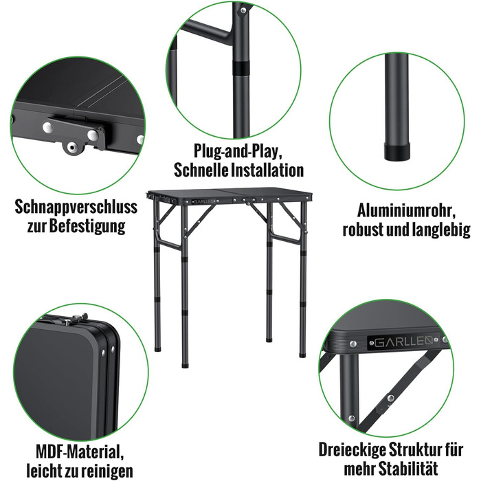 Складаний кемпінговий стіл GARLLEN, 58x40 см та 3 регульовані висоти (26/48/70 см), портативний бічний столик, стіл для барбекю, садовий стіл, стіл для пікніка для кемпінгу, пікніків та використання в саду (чорний) Чорний 58 x 40 x 26/48/70 см