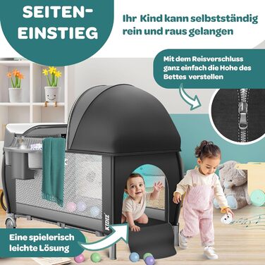 Дитяче ліжечко Kidiz Baby Travel Cot, складне дитяче ліжечко з матрацом та колесами 120x60, бічний вхід, пеленальний килимок, москітна сітка та сумка для перенесення, дитяче ліжечко, дитяче ліжко від народження до 15 кг, чорне