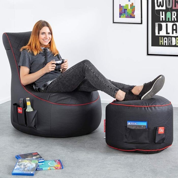 Крісло-мішок Gamewarez Crimson Hurricane Ігрове крісло-мішок, що підходить для використання в приміщенні та на вулиці, зі спинкою, ідеально підходить для гравців PS5, Nintendo та Xbox, з бічною кишенею, штучна шкіра, зроблено в Німеччині, чорно-червоне