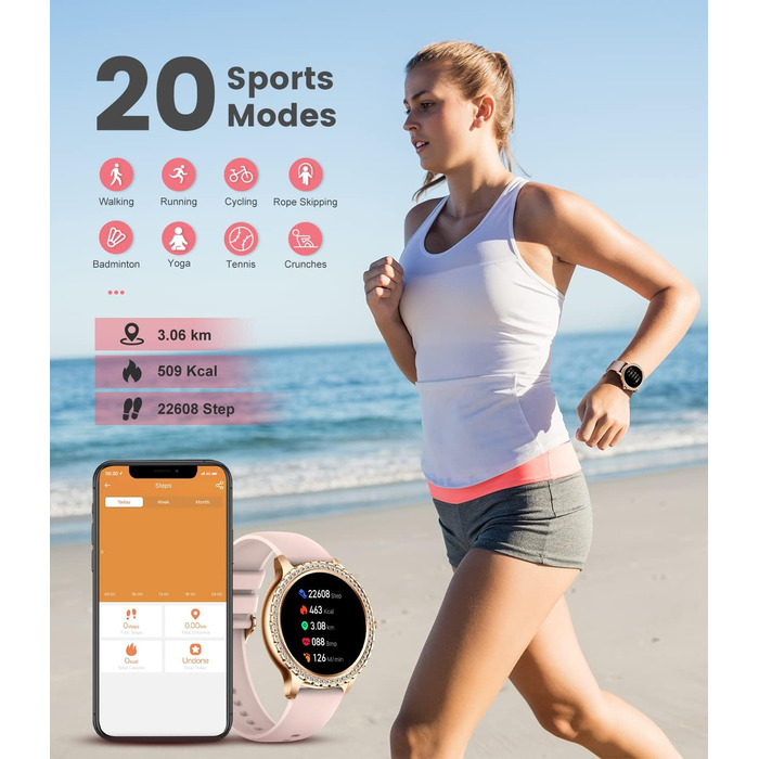 Для Android iOS Smart Watch Women 100 Sports Activity Tracker 1.32" HD Touch Screen Heart Rate Sleep Monitor Diamond Rose Gold Steel Women Smartwatch BW1845D-A