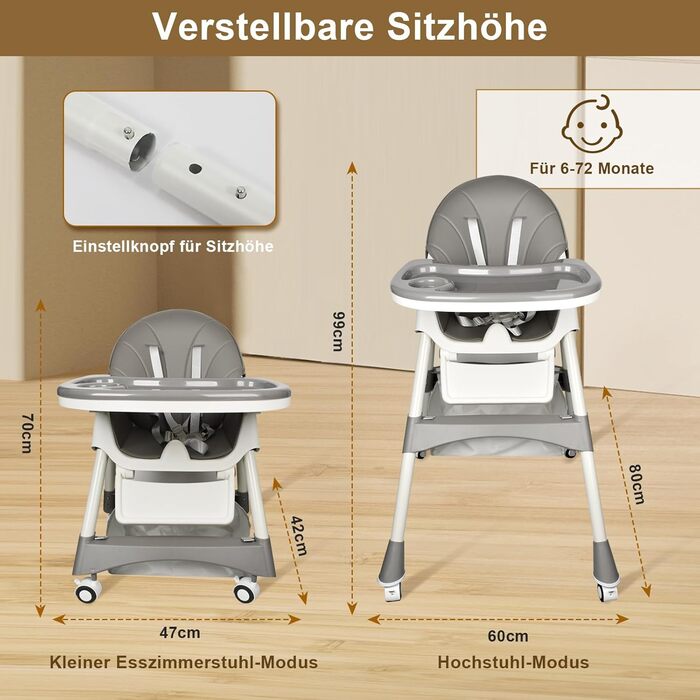 Стільчик для годування LINELUCK дитячий 6в1 з шезлонгом і дитячим кріслом-гойдалкою, регульований складаний дитячий стільчик з обі