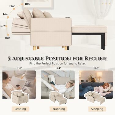 Диван-ліжко YODOLLA 97 см надзвичайно широкий, крісло-ліжко 3-в-1 з функцією ліжка, регульованою спинкою, підстаканниками, крісло-ліжко з місцем для зберігання речей та функцією сну для вітальні, бежевий 97 см надзвичайно широкий, складання за 10 хвилин, 