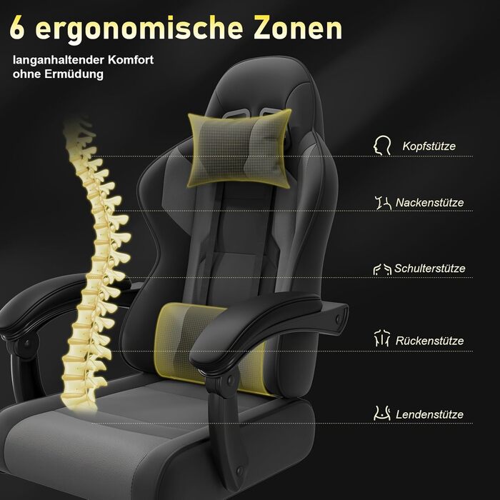 Ігрове крісло JUMMICO з функцією масажу, ергономічне офісне крісло 150 кг, ігрове крісло з надширокою подушкою сидіння 50 см, сіре