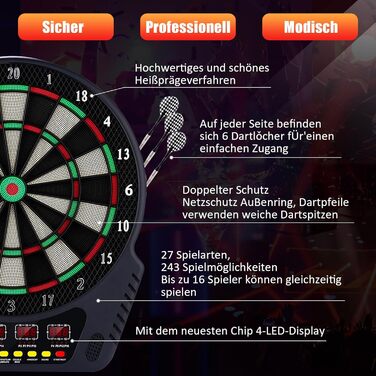 Електронна мішень для дартсу на 16 гравців, електронний дартс-машина з 4 РК-дисплеями, 6 дротиками та 24 головками для дротиків, 27 іграми з 243 ігровими опціями, професійна електронна гра в дартс, чорний колір