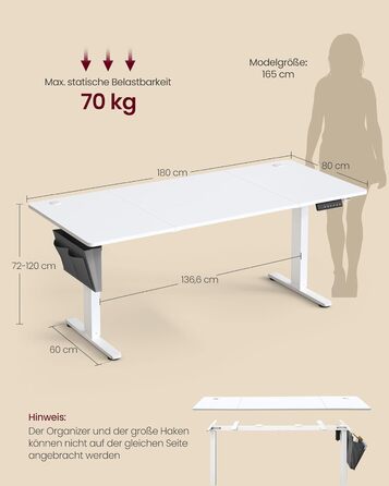 Електричний письмовий стіл SONGMICS з регульованою висотою, 180 x 80 см, безступінчасте регулювання, функція пам&39яті з 4 рівнями висоти, колір хмарно-білий LSD138W01 180 x 80 см