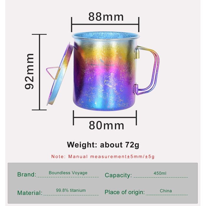Мл титанова кружка з кришкою кемпінгова чашка для чаю та кави, відкритий, подорожі, металевий посуд зі складною ручкою, одношарова чашка з льодяною квіткою, портативний пішохідний пікнік-рюкзак, ультралегкий посуд Ti3055D колір, 450