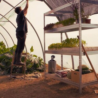 Вуличний стелаж із широким прольотом - вантажопідйомність 1500 кг - ВxШxГ 180 x 90 x 45 см - стелаж без болтів з 5 полицями з регульованою висотою - максимальне навантаження на полицю 400 кг - сертифікований TV - надміцний стелаж з оцинкованої сталі, тип 