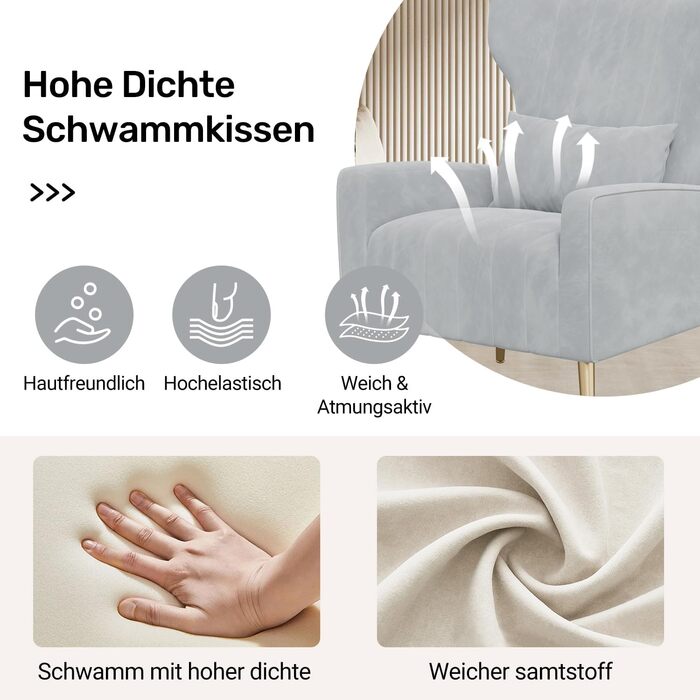 Крісло-рекордер/односпальний диван/крісло під телевізор/крісло-підголовник з підголівником та золотистими металевими ніжками, оксамит, до 130 кг, спальня, вітальня, сірий, комплект з