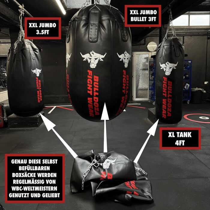 Боксерська груша Jumbo Giant XXL Bull Doza Fight Wear Heavy Duty із самонаповнювальним механізмом, підвісними ланцюгами, поворотним механізмом, карабіном, для ММА, кікбоксингу, муай-тай, бойових мистецтв XXL JUMBO 4FT
