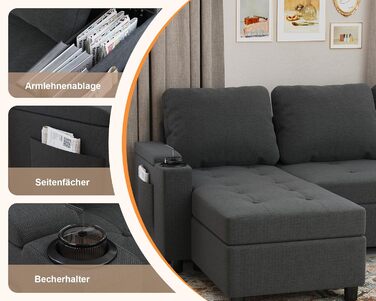 Кутовий диван Devoko зі сном та ящиком для зберігання речей, L-подібний диван, 3-місний розкладний диван-ліжко, лляна кушетка, невеликий розкладний диван для квартири та вітальні, темно-сірий, 200 см - L темно-сірий