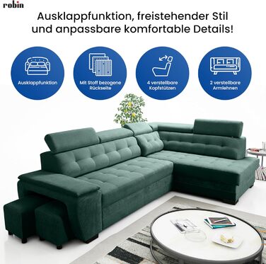 Кутовий диван Robin Inspire Grand з функцією сну, відділенням для зберігання речей, підголівниками, функцією відкидання спинки, 2 табурети, L-подібний диван, розкладний диван, окремостоячий кутовий диван, розкладний диван, меблі для вітальні, секційний ди