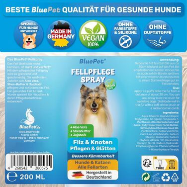 Щітка BluePet спрей для видалення колтунів для собак та котів Розплутує та покращує розчісування, спрей проти спутання волосся як спрей для догляду за шерстю, розгладжує та кондиціонує з алое вера, маслом ши та олією жожоба