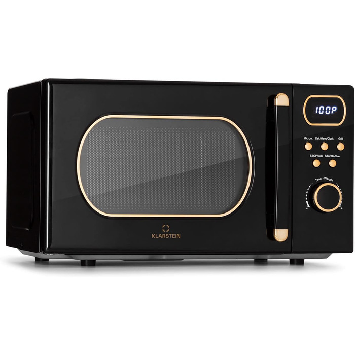 Мікрохвильова піч Klarstein з грилем, мікрохвильова піч 800 Вт маленька, мікрохвильова піч з нержавіючої сталі 3-в-1 чорна, маленька мікрохвильова піч на 20 літрів з функцією розморожування та піци, поворотний стіл, економія місця, простий у використанні