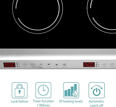 Подвійна індукційна плита Navaris 3500 Вт - 2 варильні поверхні з таймером Сенсорний дисплей Виявлення горщика - Портативна індукційна плита - Чорна