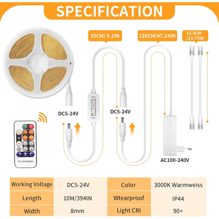 Світлодіодна стрічка COB 5M тепла біла, світлодіодна стрічка 24 В з регулюванням яскравості 3000K, світлодіодна стрічка самоклеюча з пультом дистанційного керування, світлові смуги водонепроникні IP44 з блоком живлення, світлодіодна стрічка 5 м для ванної