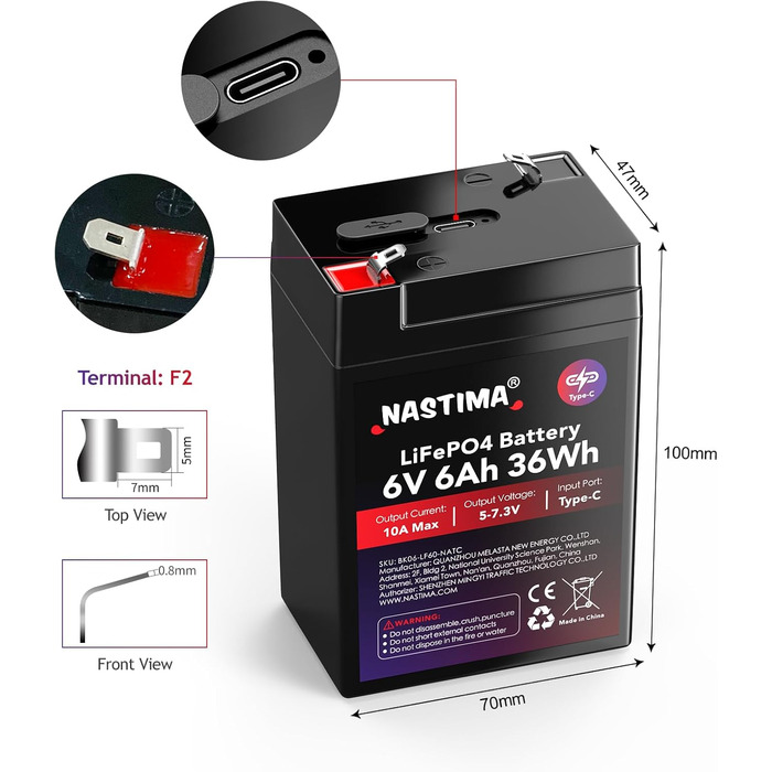 Акумуляторна батарея NASTIMA 6V 6Ah 36Wh LiFePO4 із захистом BMS та 2000 циклами глибокого розряду/розрядки, що не потребує обслуговування, зарядка через роз&39єм Type-C, підходить для аварійного освітлення, дитячих іграшкових машинок, моторних човнів, ке