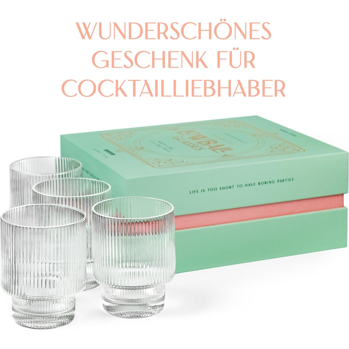 Вінтажний арт-деко рифлені кришталеві келихи для коктейлів з джину, рому, горілки Набір з 4-х 340 мл рифлені склянки для коктейлів Подарунковий набір вишуканих кришталевих келихів