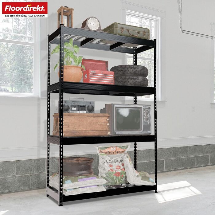 Посилений стелаж Floordirekt Yukon Rivet 160 x 150 x 80 см, 4 яруси, чорний Сталевий стелаж з полицями з дротяної сітки Вантажопідйомність 250350 кг на ярус Різні розміри та кольори, чорний, 160 x 150 x 80 см, 4 яруси