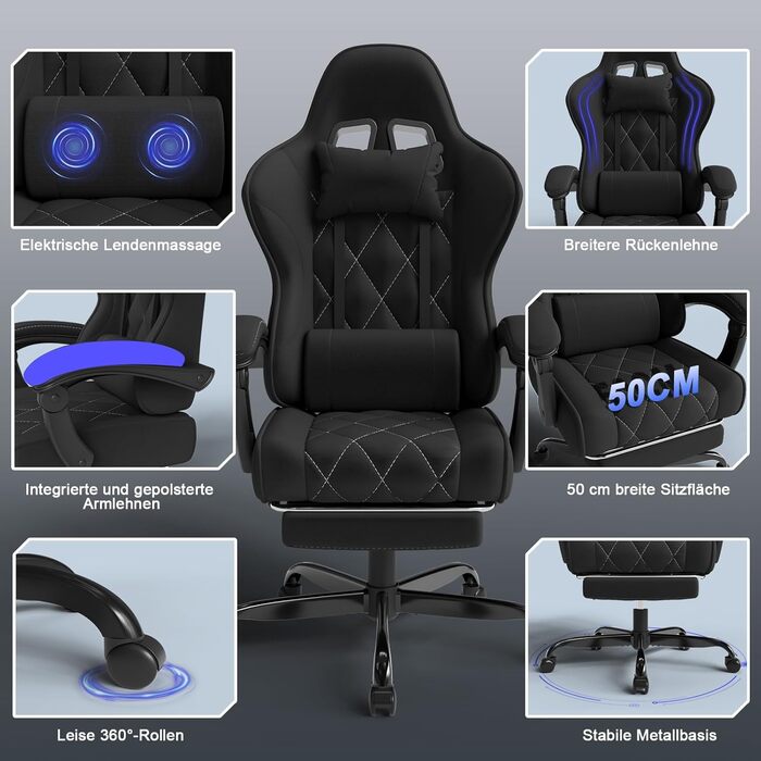 Ігрове крісло Devoko, ергономічна тканина з функцією масажу та підставкою для ніг, пружинна амортизація Pocket Spring, регулювання на 135, повітропроникне для домашнього офісу або ігрової кімнати, чорний колір