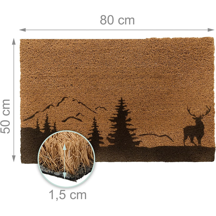 Килимок для дверей Relaxdays Coconut 80x50 см, малюнок оленя, нековзний, водонепроникний, для використання всередині та зовні приміщень, натуральний/чорний