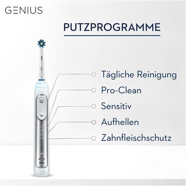 Електрична зубна щітка Oral-B Genius 8500, 5 режимів чищення зубів для догляду за зубами та додаток Bluetooth, дизайнерське видання з дорожнім кейсом, подарунок для неї/нього, срібло