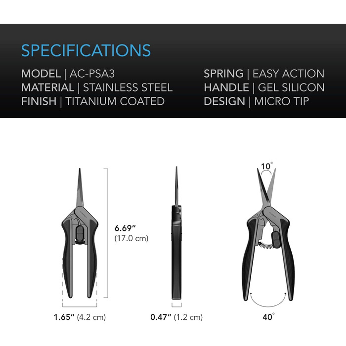 Ножиці з нержавіючої сталі AC Infinity 6,6 дюйма, легкий ергономічний дизайн, прямі точні леза з антипригарним титановим покриттям для садівництва, гідропоніки, наметів для вирощування