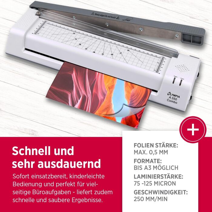 Ламінатор Olympia A 350 Combo 3-в-1 Гаряче та холодне ламінування Комбінований ламінатор та різак Без бульбашок Ламінатор A4 Сучасний та компактний дизайн