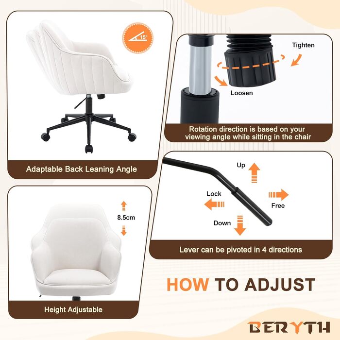 Офісне крісло, для домашнього офісу, оксамитове крісло-туалет, вантажопідйомність до 136 кг, ергономічне, регульоване по висоті обертове крісло, робоче крісло з поворотом на 360, тихі коліщатка, для кабінету, спальні, для домашнього офісу, білий оксамит, 