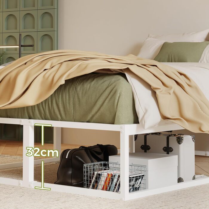 Каркас ліжка EMODA 120 x 200 см з рейковою основою, двоспальне ліжко заввишки 36 см, багато місця для зберігання, міцне металеве ліжко, легке складання, безшумне, біле 120 x 200 см