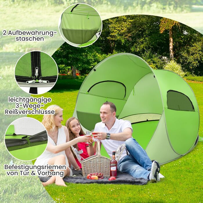 Пляжний намет GOPLUS, розкладний пляжний намет для 3-4 осіб, намет, що кидається, з сонцезахисним тентом та вітрозахисним захистом, легкий та портативний з сумкою для перенесення, сонцезахисний намет для сімей, пляжу, кемпінгу, газону, саду (зелений)