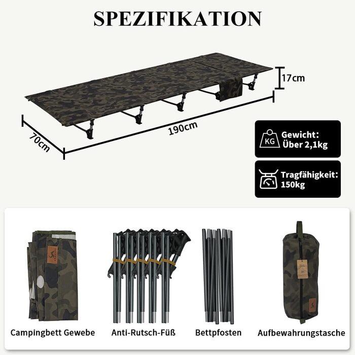 Надлегке розкладне похідне ліжко 190x70 см з алюмінію, компактне туристичне ліжко, легке в установці, міцне туристичне ліжко для наметів, походів на свіжому повітрі, подорожей, пляжу - камуфляжно-зелене
