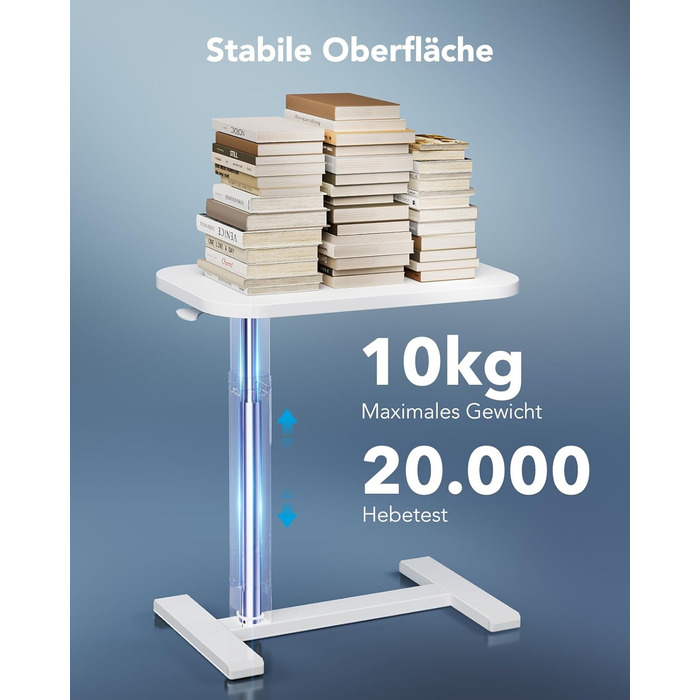 Журнальний столик HUANUO з колесами, регульований по висоті бічний столик зі стільницею 70 x 40 см, мобільний пневматичний невеликий столик для ноутбука з підставкою для чашок для домашнього офісу, білий 70 x 40 см