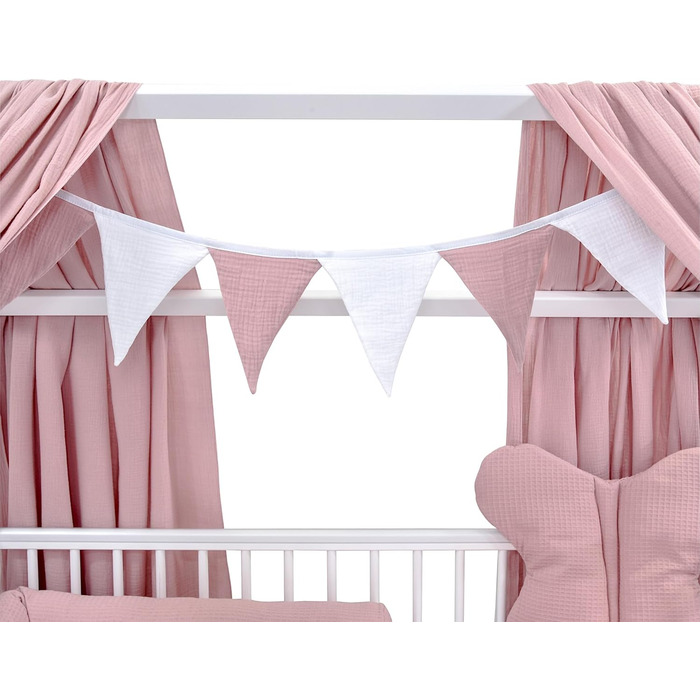 Комплект дитячого ліжечка Generic Baby Deluxe, ліжко-будиночок 60x120 см, білий захист від падіння, матрац для ліжечка, комплект постільної білизни (мусліновий балдахін, рожевий мусліновий вафельний піке)