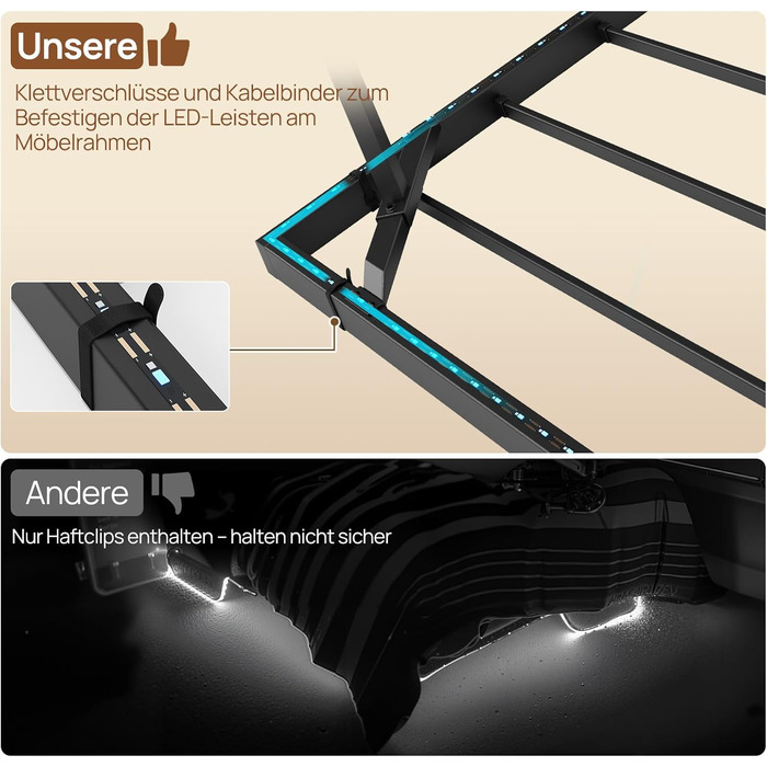 Металеве ліжко-семитуфля 90x200 см зі світлодіодним освітленням, включаючи рейковий каркас, плаваюча конструкція, стабільне та міцне, легке складання, сірого кольору без матраца сірого кольору 90 x 200 см