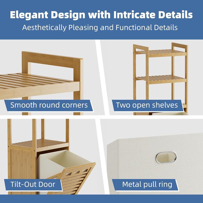 Шафа для ванної кімнати HITNET з кошиком для білизни, бамбукова шафа для ванної кімнати з кошиком для білизни та 3 відкритими полицями, знімні внутрішні кишені об&39ємом 32 л з ручками для ванної кімнати та спальні, натуральний колір