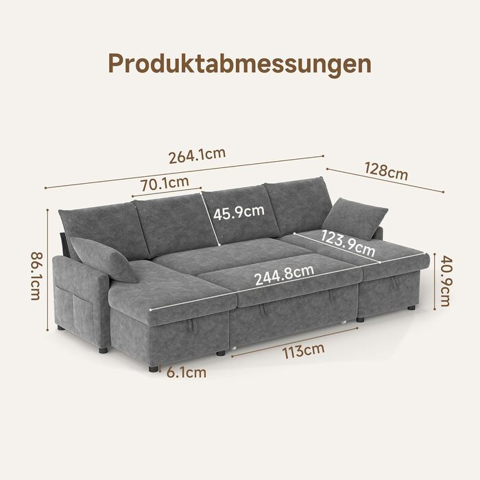 Подібний кутовий диван зі сном та місцем для зберігання речей, диван-ліжко 265 см, розкладний диван з шезлонга для вітальні, квартири, готелю, темно-сірий шеніл - темно-сірий матовий 265 см U-подібний
