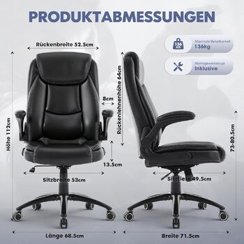 Ергономічне офісне крісло COLAMY, поворотне на 360 крісло для керівника з відкидними підлокітниками, регульована спинка, висота та нахил, чорне