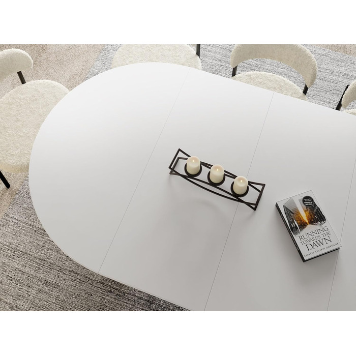 Круглий розкладний обідній стіл з ламелями в стилі лофт 120-200 см Промисловий стіл з чорними металевими ніжками, компактний для вітальні або їдальні білий 120/200 см