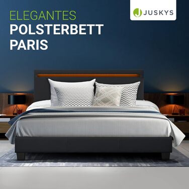 М'яке ліжко Juskys Paris 140x200 см зі світлодіодним підсвічуванням, решітчастим каркасом та узголів'ям - зі штучної шкіри та дере