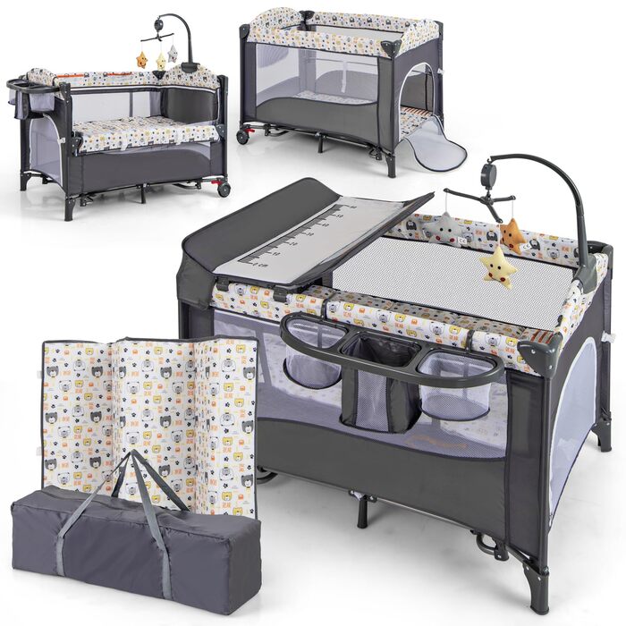 Дитяче ліжечко COSTWAY 5-в-1, дорожнє ліжечко з матрацом, регульована по висоті тумбочка з пеленальний столик, ремені безпеки, музичний мобіль та підвісні іграшки, колиска/колиска з колесами для малюків, сірий колір