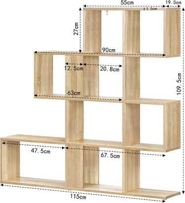 Рівнева книжкова полиця, полиця-перегородка кімнати з 11 відкритими відділеннями, окремостояча полиця для сходів, полиця-ступінь, для вітальні, спальні, офісу, 115x109,5x19,5 см, світлий дуб, 4-