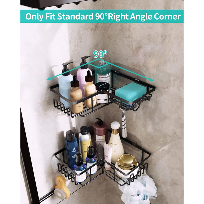 Душова полиця HapiRm, Душова полиця без свердління, Душова полиця кутова чорна з 11 гачками, мильниця і тримач для бритви, Душова