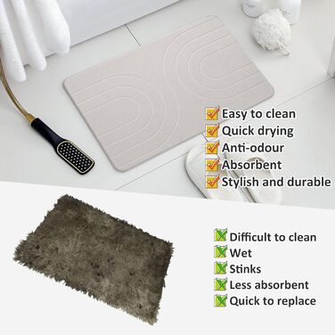 Килимок для ванної Feilifan з каменю діатомовий килимок, швидковисихаючий діатомовий килимок для душу, водопоглинаючі кам&39яні килимки для ванної кімнати та кухні, легко миється (59,7 x 38,1 x 1 см, білий)