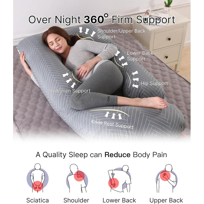 Подушка для вагітних ALLOPERA, подушка для всього тіла для вагітних 57 дюймів, зі знімним чохлом, який можна прати - підтримка для сну для ніг, спини, шиї, плечей, стегон, живота для вагітних, 100 бавовна, чиста бавовна/смужка