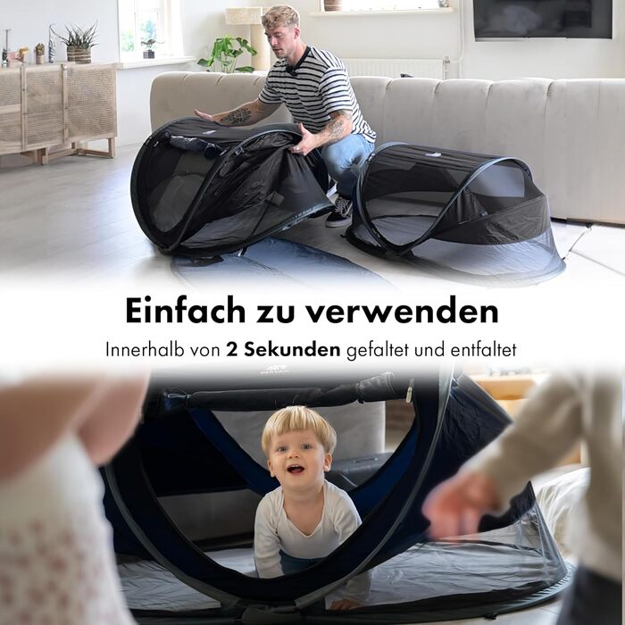 Дитяче ліжечко Deryan з матрацом від народження до 2,5 років - висувне дитяче ліжечко-намет, яке встановлюється за 2 хвилини - включає москітну сітку та дорожню сумку - 136x84x62 см (чорний), PL Black Peuter Luxe Black