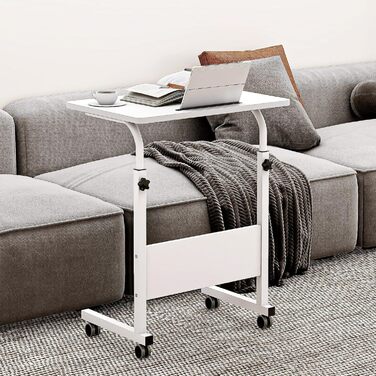 Регульований мобільний приліжковий столик SOGES Furniture 80 см, портативна підставка для ноутбука з тримачем для планшета, бічною полицею, стіл для ноутбука, регульована висота, компютерний стіл для роботи стоячи, білий