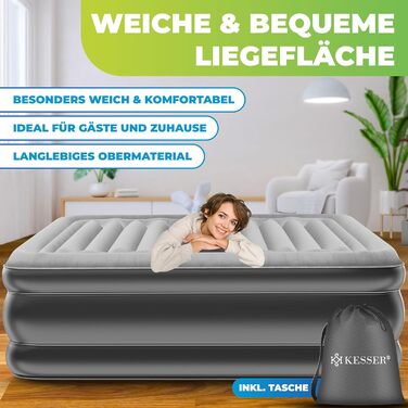 Надувний матрац KESSER, самонадувальне гостьове ліжко з вбудованим електричним насосом, повітряний матрац для кемпінгу або домашнього використання, з сумкою, підходить для 1 особи - 203 x 95 x 51 см, одномісний, сірий/антрацитовий