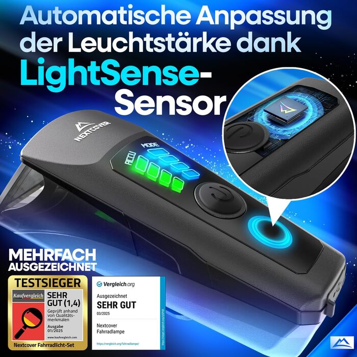Комплект велосипедних ліхтарів NEXTCOVER із сенсором LightSense та 11 годин автономної роботи від акумулятора I Заряджається від USB та водонепроникний I Сертифіковано StVZO I Передній світлодіодний велосипедний ліхтар I Велосипедний ліхтар та задній вело